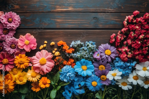Colorful arrangement of vibrant flowers on wooden background during spring se...