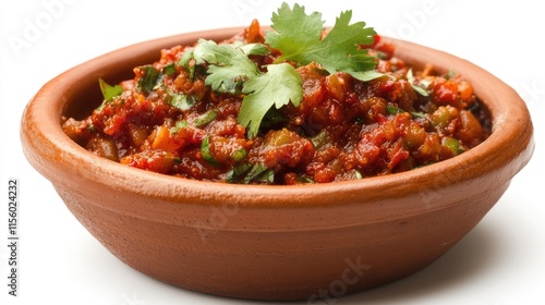 Fresh and Flavorful Salsa in Traditional Clay Bowl with Herbs