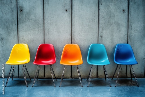 Colorful chairs arranged in a line against a concrete wall in a modern interi...