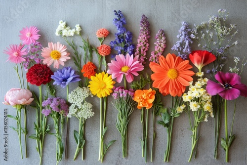 Colorful floral arrangement showcasing various flowers on a textured surface