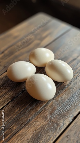 Natural beige eggs arranged on rustic wooden surface indoors