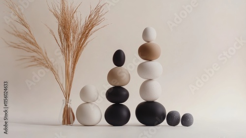 Abstract representation of diversity in society by Minimalist Composition of Pebbles and Branches on a Neutral Background. photo