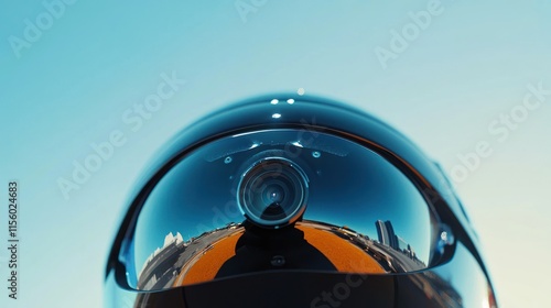 Reflective Helmet Camera Captures Cityscape photo