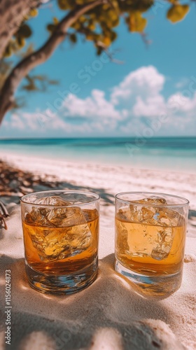 Refreshing drinks on a sunny beach with turquoise waves and clear skies