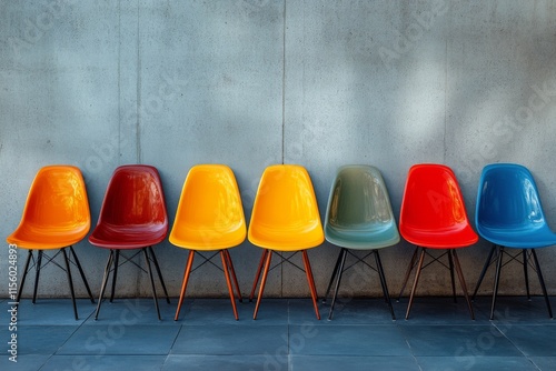 Colorful chairs arranged in a line against a concrete wall in a modern interi...
