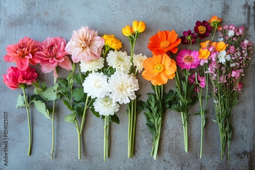 Colorful floral arrangement showcasing various flowers on a textured surface