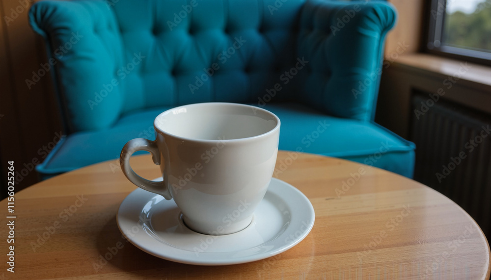 Coffee cup, cozy mood, placed on a wooden table, beside a turquoise armchair, with natural light, copy space Coffee cup, cozy mood, placed on a wooden table, beside a turquoise armchair, with natural light, copy space