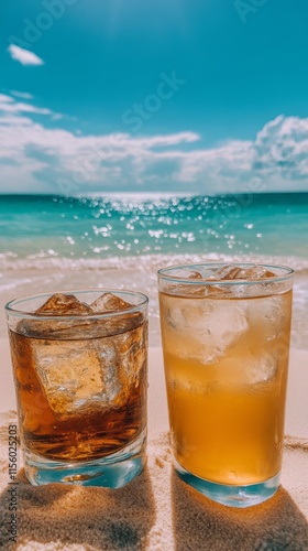 Refreshing drinks on a sunny beach with turquoise waves and clear skies