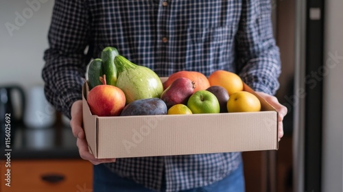 A person holding an open box of fresh vegetables and fruits, including tomatoes, lettuce, beets, lemons, asparagus, carrots, potatoes, green beans in the kitchen door.