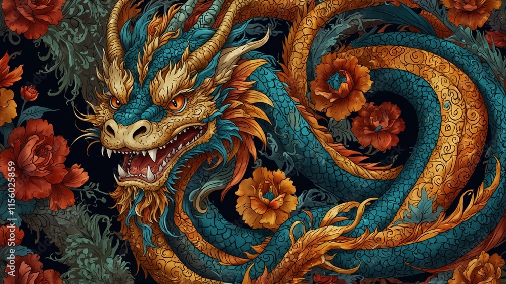 Fototapeta premium Intricate dragon illustration with floral background