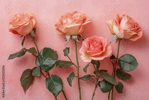 Soft peach roses blooming against a pastel background in natural light