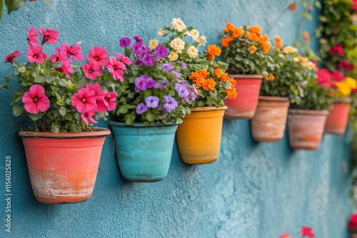Colorful wall of blooming flowers in various pots against a rustic brick back...