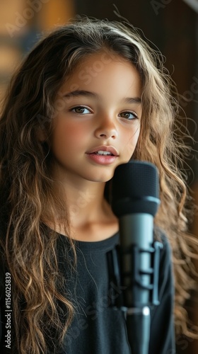 Young girl performing with a microphone in a cozy environment during a warm e...