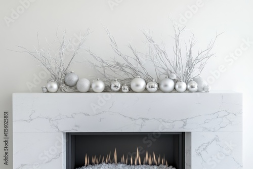 Valokuva Silver Christmas ornaments and white branches adorn a modern marble fireplace mantel