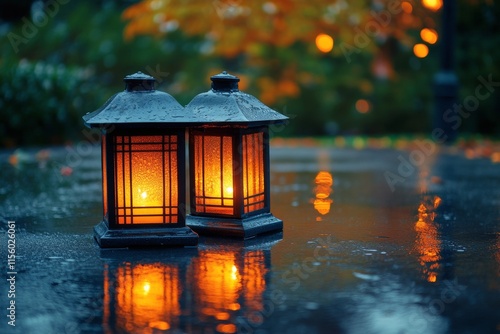Lanterns glowing softly on a wet street during a rainy evening