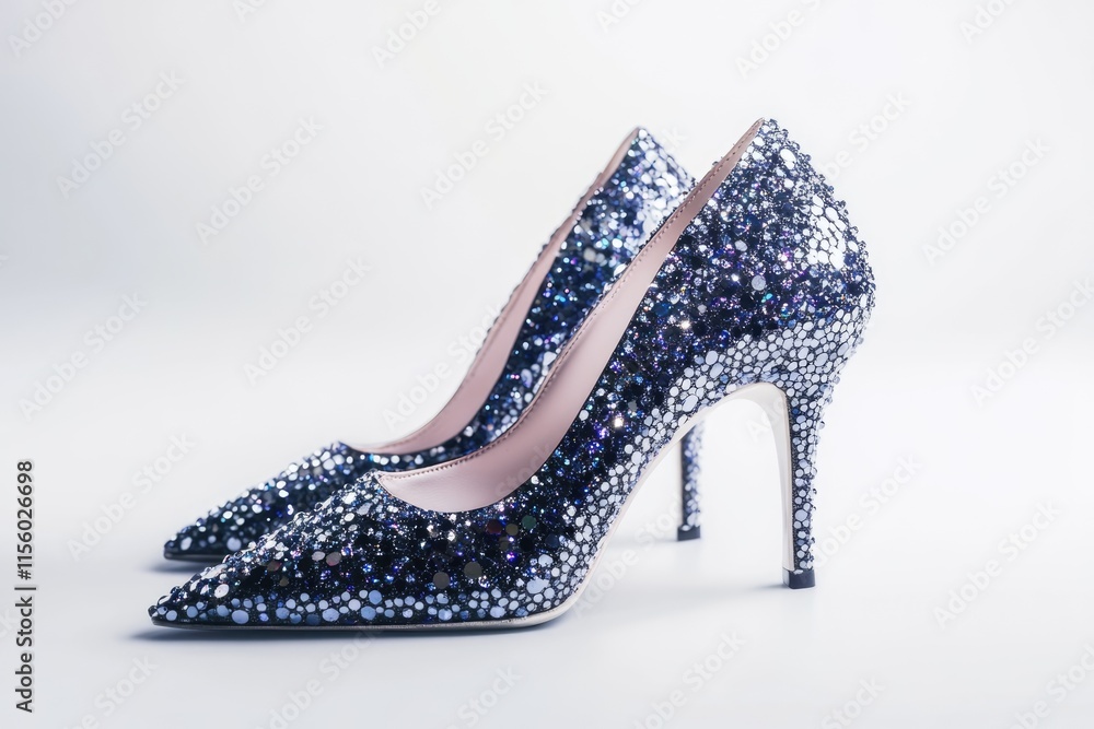 Obraz premium Sparkling dark blue high heels embellished with crystals, perfect for a glamorous occasion.