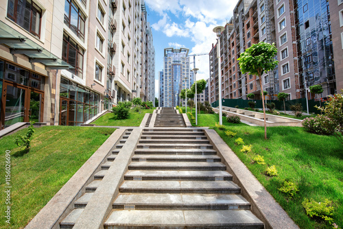 Urban escape with vibrant greenery and modern architecture in a bustling city