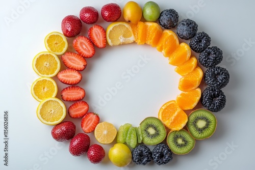 Colorful arrangement of fresh fruits in a circular display on a white background