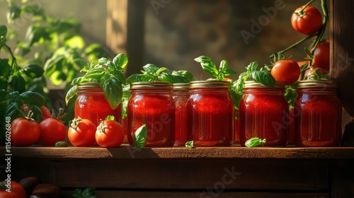 Jars of tomato preserves with fresh tomatoes and basil in natural light photo