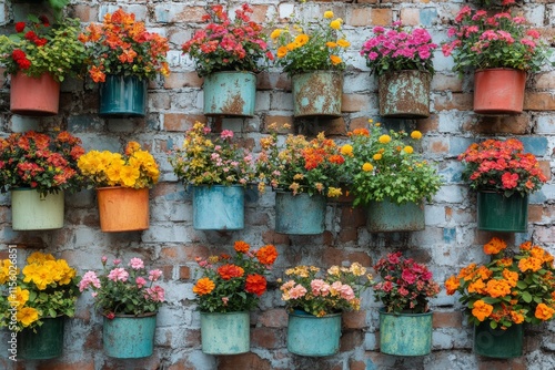Colorful wall of blooming flowers in various pots against a rustic brick back...