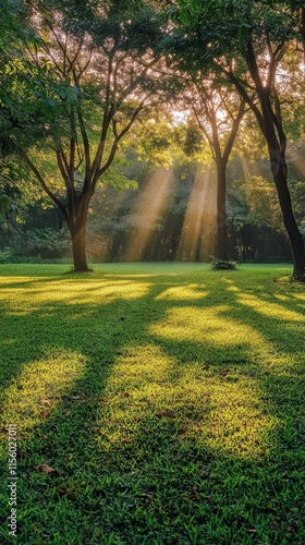 Sunlight filter through trees in a green park during early morning hours
