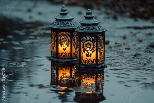 Lanterns glowing softly on a wet street during a rainy evening