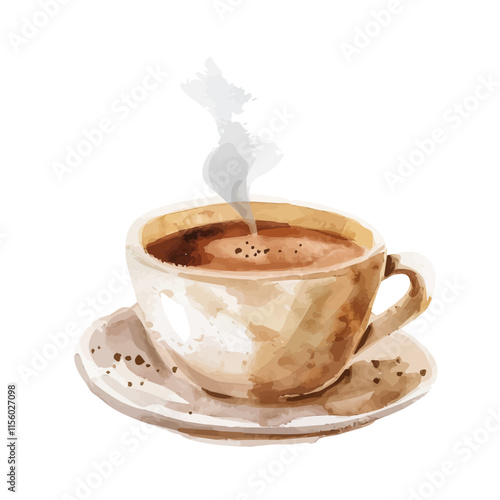 A watercolor vector of a hot cup of coffee with steam rising, isolated on a white background. Coffee vector.
