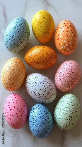 Colorful assortment of decorative eggs arranged creatively on a light background