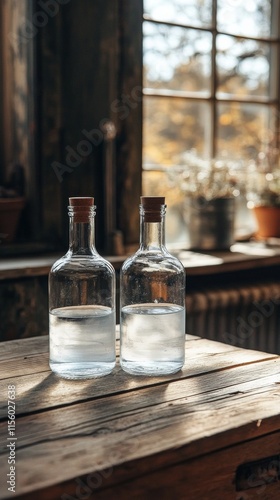 Fresh water bottles on a rustic wooden table under warm sunlight