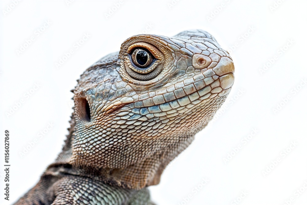 Fototapeta premium A lizard in close proximity, isolated with a white background.