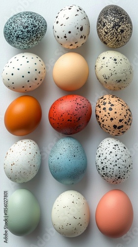 Colorful assortment of decorative eggs arranged creatively on a light background