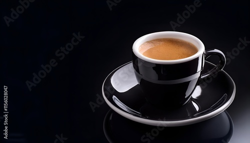 A sophisticated espresso served in an elegant black cup on a matching reflective black surface, emphasizing style and taste.