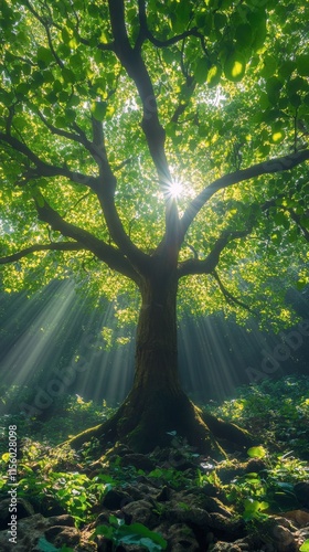 Sunlight streaming through leaves onto a grassy landscape in a serene natural...