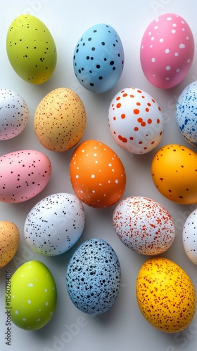 Colorful assortment of decorative eggs arranged creatively on a light background