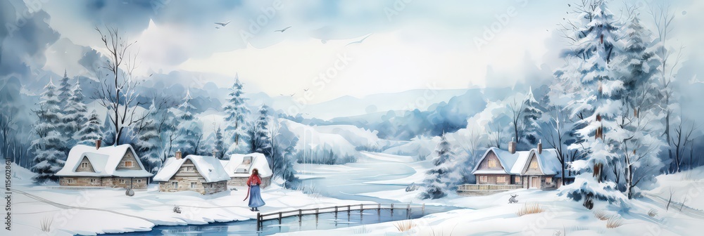 Watercolor drawing of a snowy winter landscape with a small cozy huts, surrounded by pine trees and a cover of fresh, untouched snow. Christmas winter card. Watercolor drawing of a snowy winter landscape with a small cozy huts, surrounded by pine trees and a cover of fresh, untouched snow. Christmas winter card.