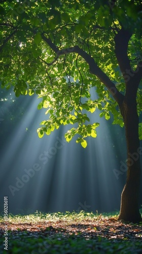 Sunlight streaming through leaves onto a grassy landscape in a serene natural...