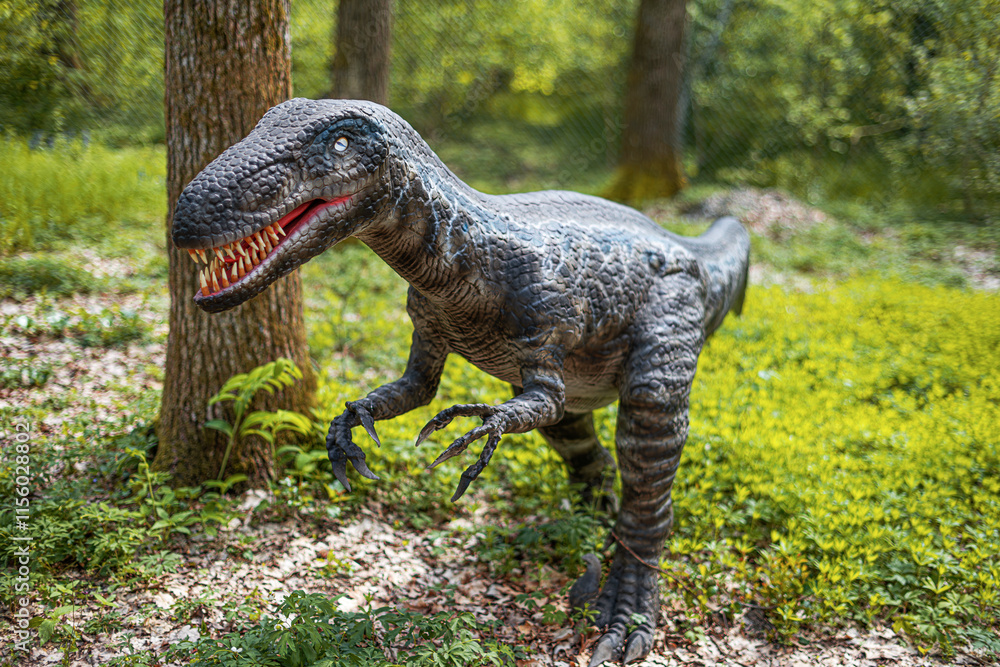 Tyrannosaurus. Tyrannosaurus model against a forest background.