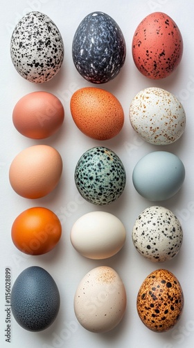 Colorful assortment of decorative eggs arranged creatively on a light background