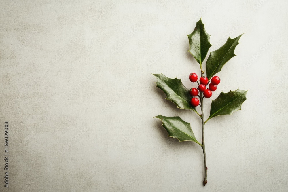 A sprig of holly with vibrant red berries rests on a textured, light gray background. A sprig of holly with vibrant red berries rests on a textured, light gray background.