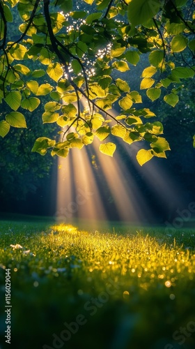 Sunlight streaming through leaves onto a grassy landscape in a serene natural...