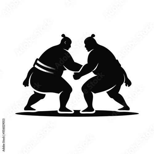 a black and white silhouette of two sumo wrestlers in a fighting stance