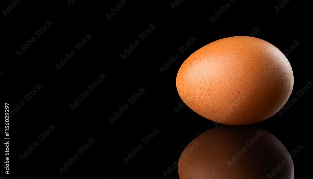 Centered singular brown egg showcased with illuminated reflection, symbolizing simplicity, purity, and natural origin, against a dramatic, refined black background with striking highlights. Centered singular brown egg showcased with illuminated reflection, symbolizing simplicity, purity, and natural origin, against a dramatic, refined black background with striking highlights.