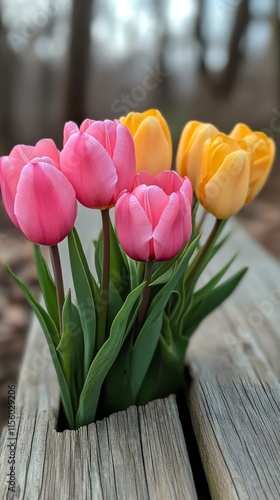 Pink and yellow tulips arranged gracefully on weathered wooden surface