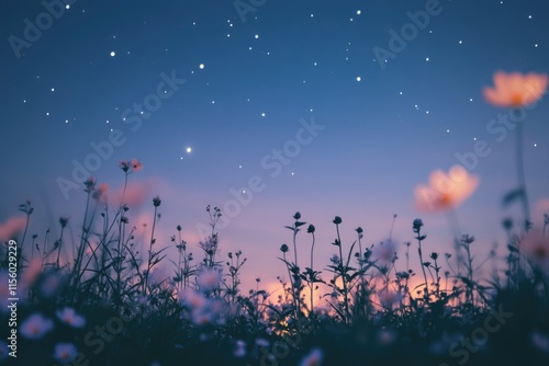 Silhouetted wildflowers stand tall against a twilight sky, illuminated by a scattering of stars.