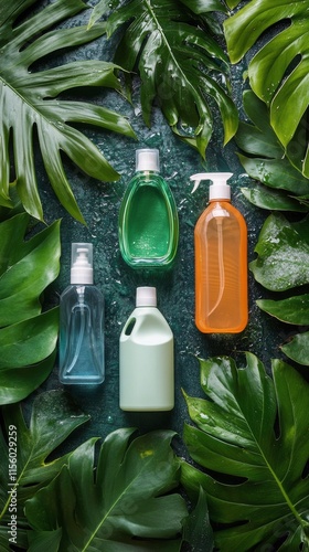 Colorful cleaning supplies arranged among tropical leaves for eco-friendly ho...