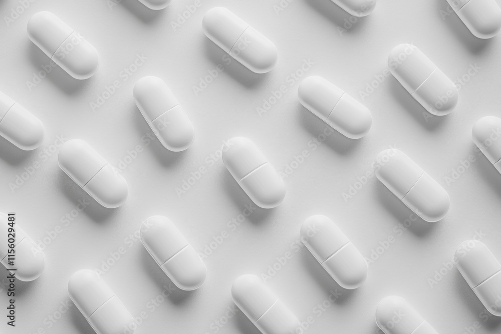 White pills scattered on a white background. White pills scattered on a white background.