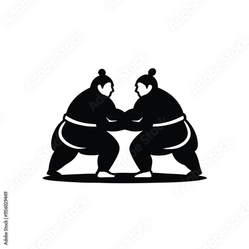a black and white silhouette of two sumo wrestlers in a fighting stance