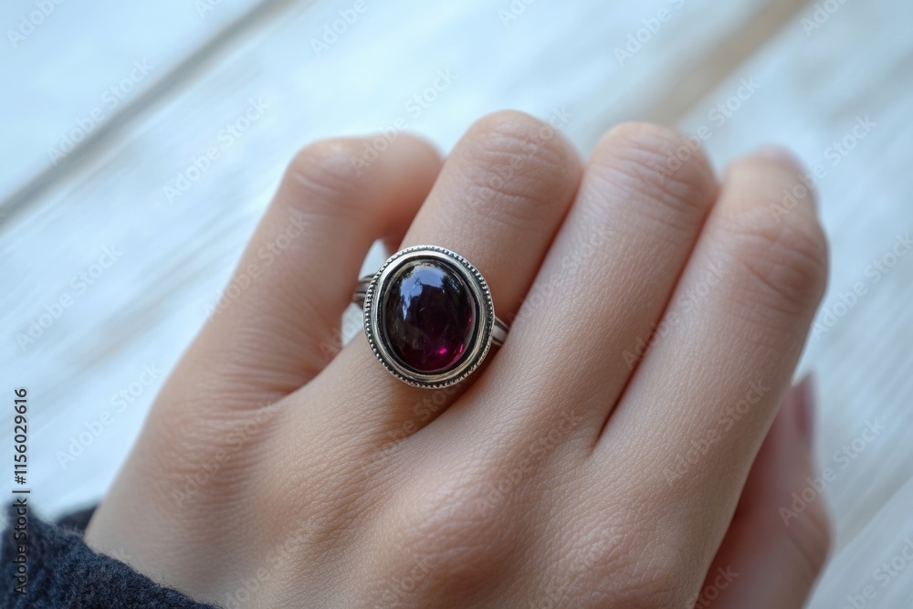 Fototapeta premium A woman's hand adorned with a silver ring featuring a deep purple oval gemstone.