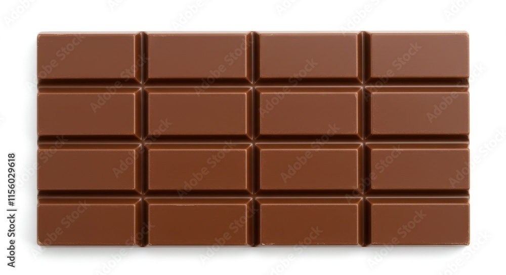 A close-up image of a milk chocolate bar against white background designed with rectangular segments arranged neatly The chocolate features a smooth texture and a glossy surface A close-up image of a milk chocolate bar against white background designed with rectangular segments arranged neatly The chocolate features a smooth texture and a glossy surface
