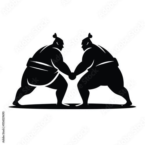 a black and white silhouette of two sumo wrestlers in a fighting stance